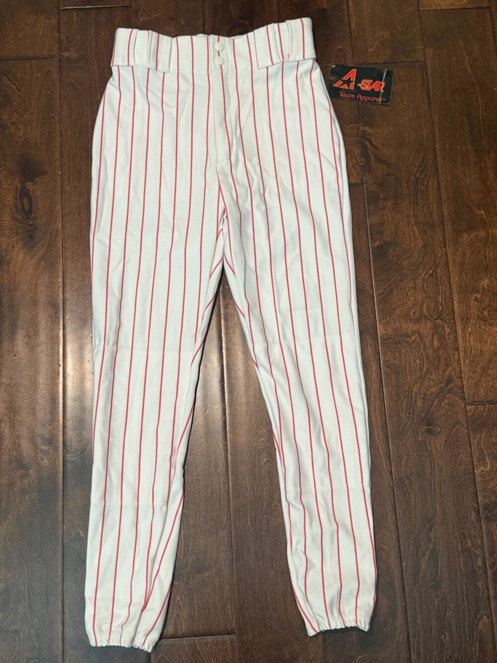 A-Star Mens White Red Pinstripes Baseball Pants Elasticized Ankle Adult Small